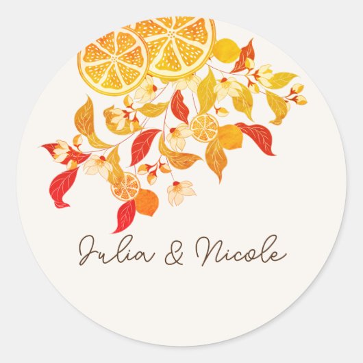 Verse Lemony Liefde Citrus Foliage Bruiloft Ronde Sticker (Voorkant)