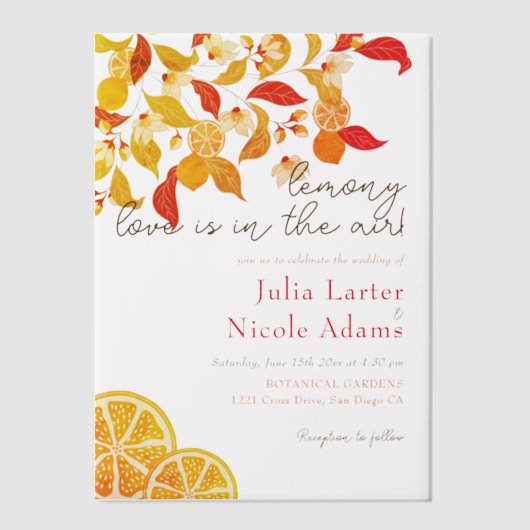 Verse Lemony Liefde Citrus Foliage Bruiloft Vellum Uitnodigingen (Voorkant)