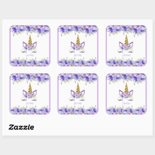 Verse Paarse Eenhoorn Verjaardagsdecoraties Vierkante Sticker