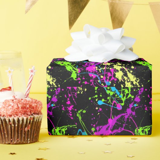 Verse retro Neon Paint Splatter Cadeaupapier (Verjaardagsfeest)