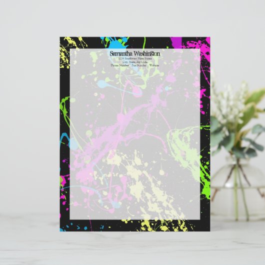 Verse retro Neon Paint Splatter op zwart Briefhoofd Ontwerp (Staand voorkant)