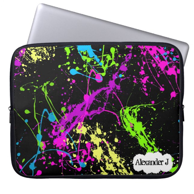 Verse retro Neon Paint Splatter op zwart Laptop Sleeve (Voorkant)