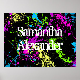 Verse retro Neon Paint Splatter op zwart Poster