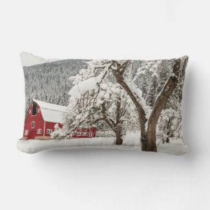 verse sneeuw op rode schuur kussen