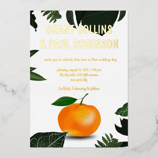 Verse tangerine palmbladeren folie uitnodiging (Voorkant)