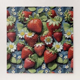 Verse uitgezochte aardbeien en witte bloesems legpuzzel