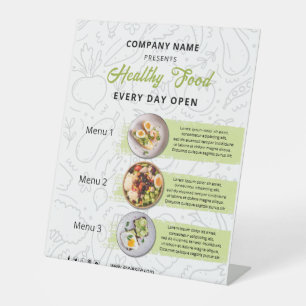 Verse voedsel, gezond voedsel catering restaurant reclamebord met voetstuk
