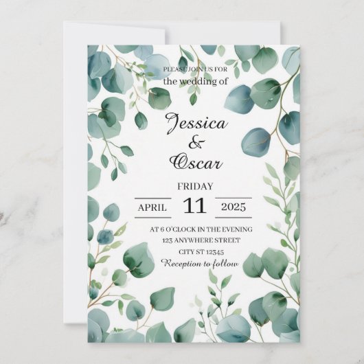 Verse Waterverf Eucalyptus Design Wedding Kaart (Voorkant)
