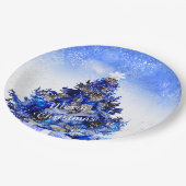  versierde blauwe kerstboom papieren bordje (Gekanteld)