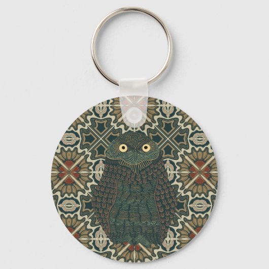 Versierde Burrowing Owl Gouden Bruine Aarde Tonen Sleutelhanger (Voorkant)