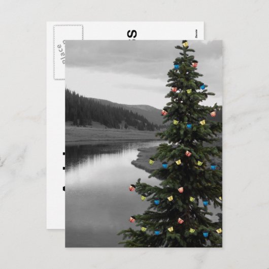 Versierde kerstboom bij Mountain Lake Feestdagenkaart (Voorkant / Achterkant)