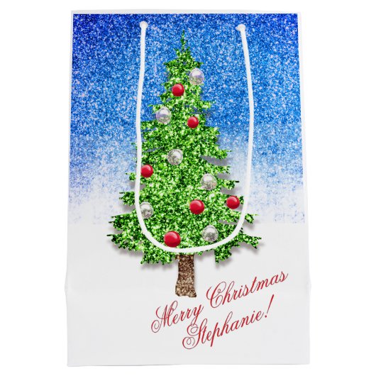 Versierde kerstboom in sneeuw aangepaste tekst medium cadeauzakje (Achterkant)