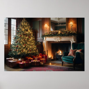 Versierde kerstboom oud Victoriaans huis Poster