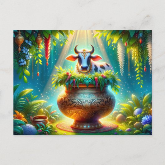 Versierde Koe in Pongal Pot Briefkaart (Voorkant)