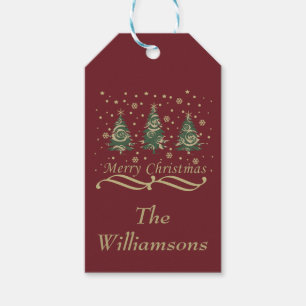 Versierde moderne vrolijke kerstpijnbomen cadeaulabel