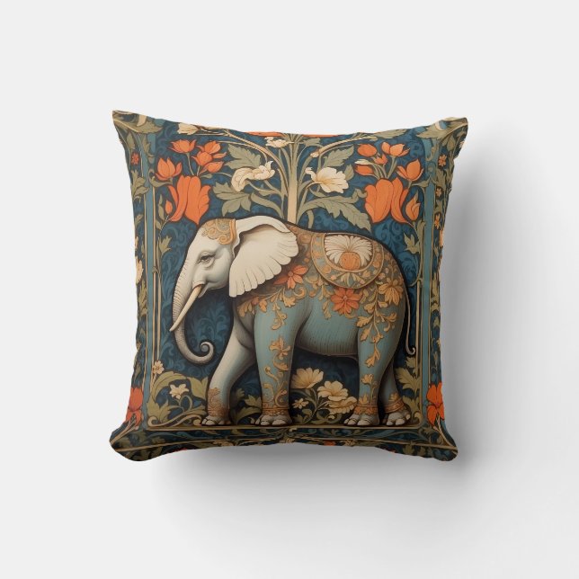 Versierde olifant William Morris geïnspireerd Flor Kussen (Voorkant)