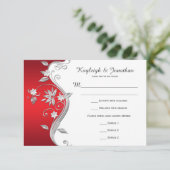 Versierde rode witte zilveren bloemen RSVP Kaartje (Staand voorkant)