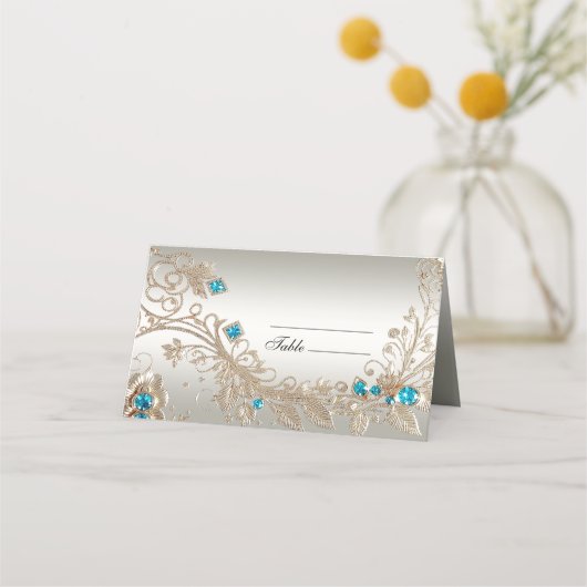 Versieren Gold Blue Stones Place Card (Voorkant)