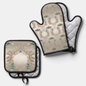 Versieren Gouden Blauwe Stenen Mitt & Pot Houder S Ovenwant & Pannenlap Set (Voorkant / Achterkant)