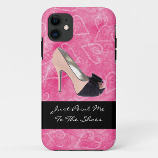 Verslaafd aan schoenen Love Hearts Zwart Roze Hoge iPhone 11 Hoesje