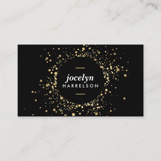 Verspreide Faux Gold Confetti Circle op zwart Visitekaartje (Voorkant)