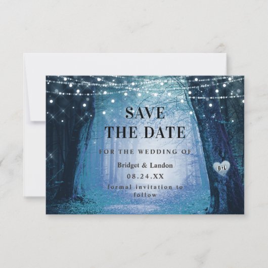 Versproeier verscheurd bos donker blauw sparen de save the date (Voorkant)
