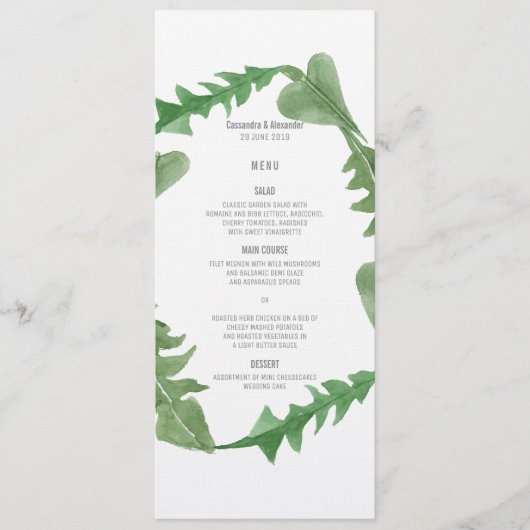 Vert Aquarelle Foliage Menu Mariage (Devant)