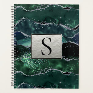 Vert Argent Paillettes Marbre Géode Agate Monogram