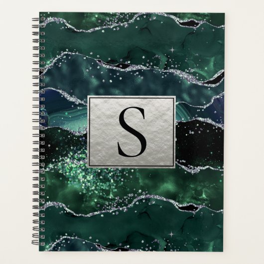 Vert Argent Paillettes Marbre Géode Agate Monogram (Devant)