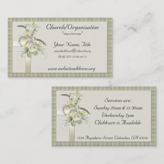 Vert avec Croix d'or/Coeurs/Fleurs Cartes de visit (Devant / Derrière)