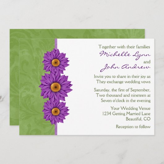 Vert avec Faire-part de mariage de fleurs violette (Devant / Derrière)