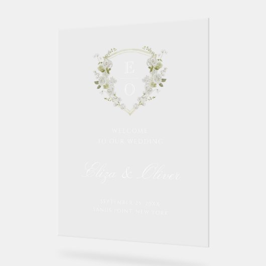 Vert Blanc Floral Monogram Crest Mariage Bienvenue (Angle)