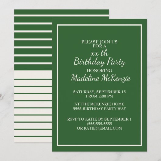 Vert blanc rayé Invitation de fête d'anniversaire (Devant / Derrière)