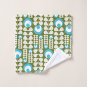 Vert, Bleu Clair, Crème Fleurs Motif Mid Mod (Gant de toilette)