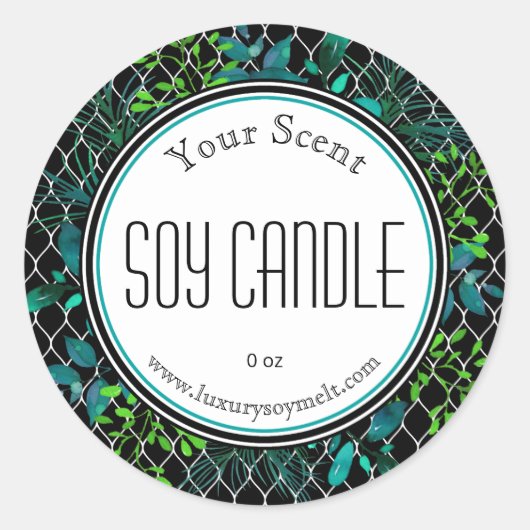Vert Bleu Noir Blanc Branches Soy Candle Étiquette (Devant)
