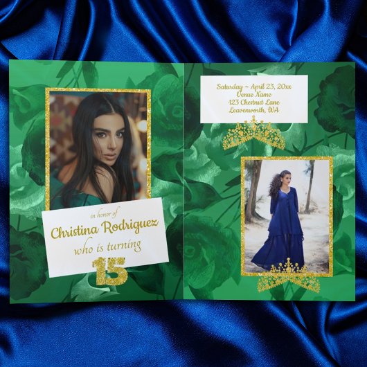 Vert chatoyant, Or, Quinceanera bleu Invitation