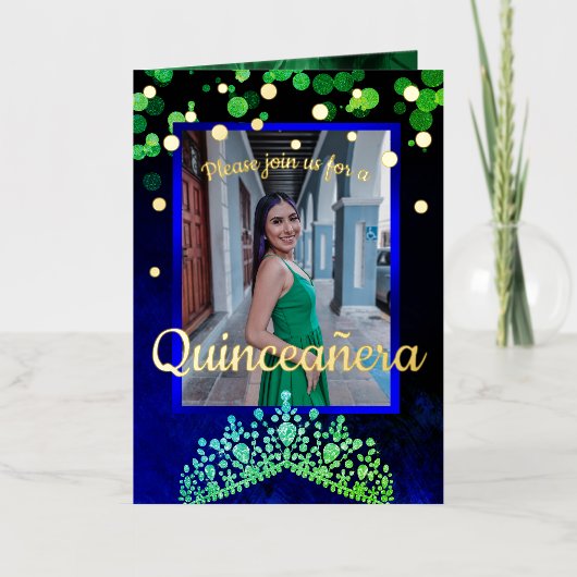 Vert chatoyant, Or, Quinceanera bleu Invitation (Recto)