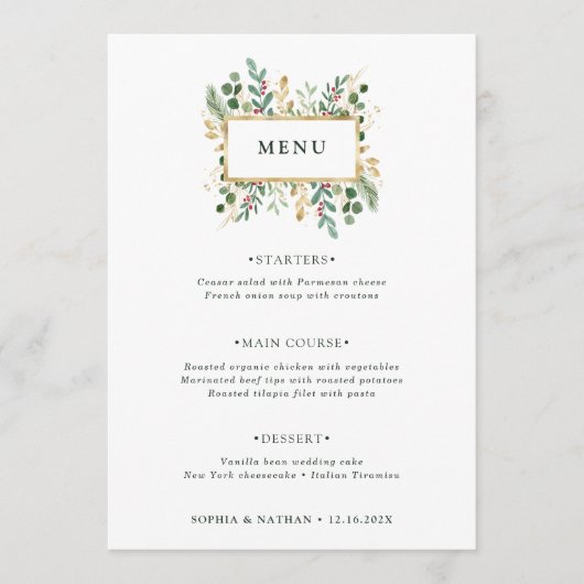 Vert doré sur blanc | Menu Mariage de Noël (Devant)