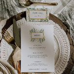 Vert doré sur blanc | Menu Mariage de Noël<br><div class="desc">Ces magnifiques cartes de menu mariage de Noël sont dotées de verdure et de feuilles de vacances avec de faux feuilles d'or et des baies rouges,  et d'un cadre doré central sur un arrière - plan blanc moderne. Ces menus fonctionnent aussi parfaitement pour tous les fêtes de fin d'année.</div>