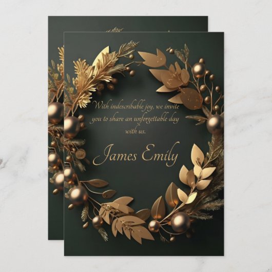 Vert doré sur noir | Invitation de mariage (Devant / Derrière)