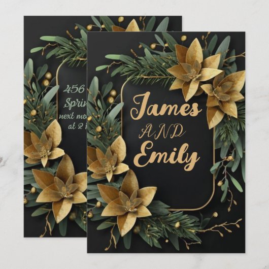 Vert doré sur noir | Invitation de mariage (Devant / Derrière)
