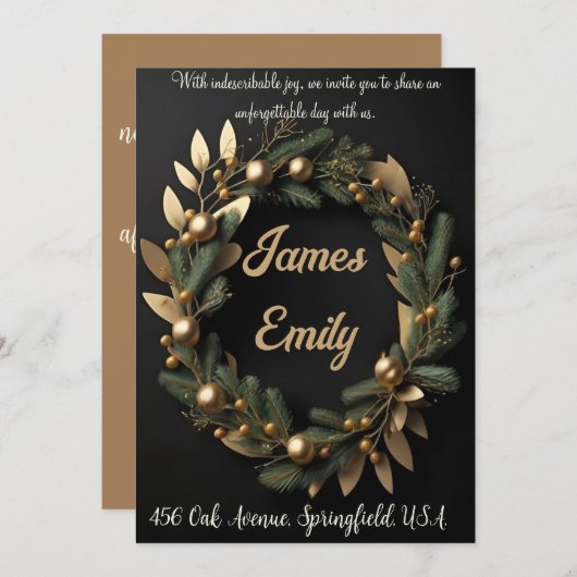 Vert doré sur noir | Invitation de mariage (Devant / Derrière)