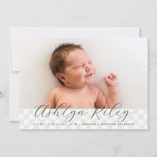 Vert doux En vichy Faire-part de naissance Motif (Devant)