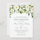 Vert doux Floral Première Communion Invitation (Devant)