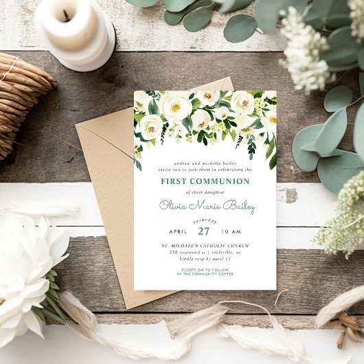 Vert doux Floral Première Communion Invitation