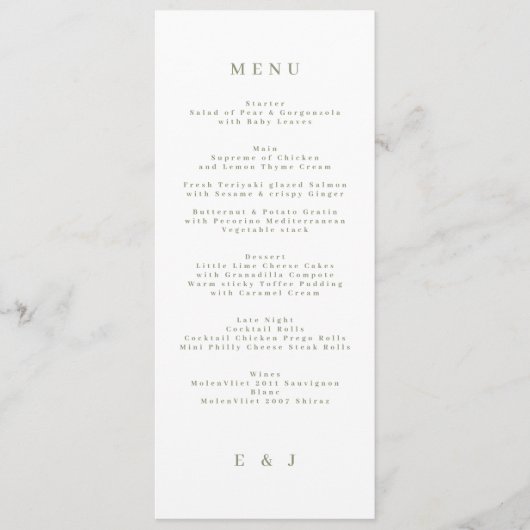 Vert Élégant Simple Sage Blanc Monogramme Menu (Devant)