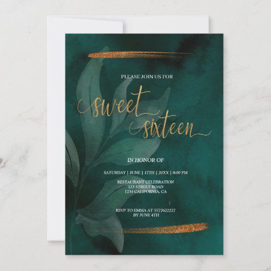 vert émeraude moderne et feuille doux invitation 1 (Devant)