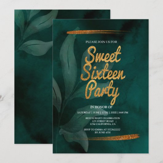 vert émeraude moderne et feuille doux invitation 1 (Devant / Derrière)
