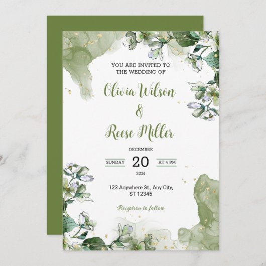 Vert et or Floral Faire-part de mariage de luxe (Devant / Derrière)