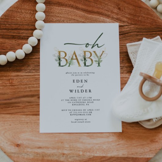 Vert et or Oh Baby ! Invitation baby shower
